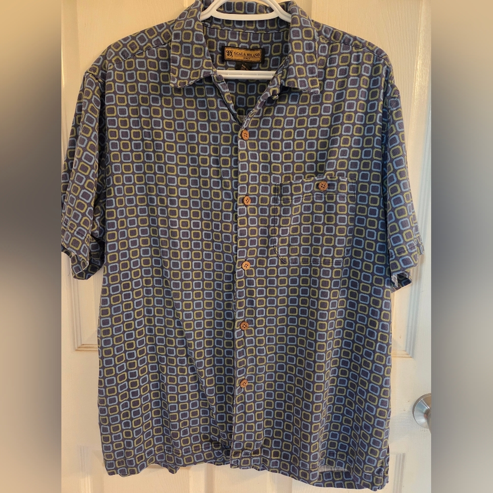 100% Silk Scala Milano Funky Patterned Short Sleeve Button Down